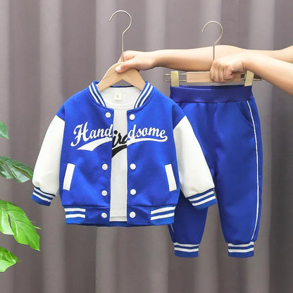 2pcs Boy's "Handsome" "CoolBoy" Print Varsity Jacket Outfit