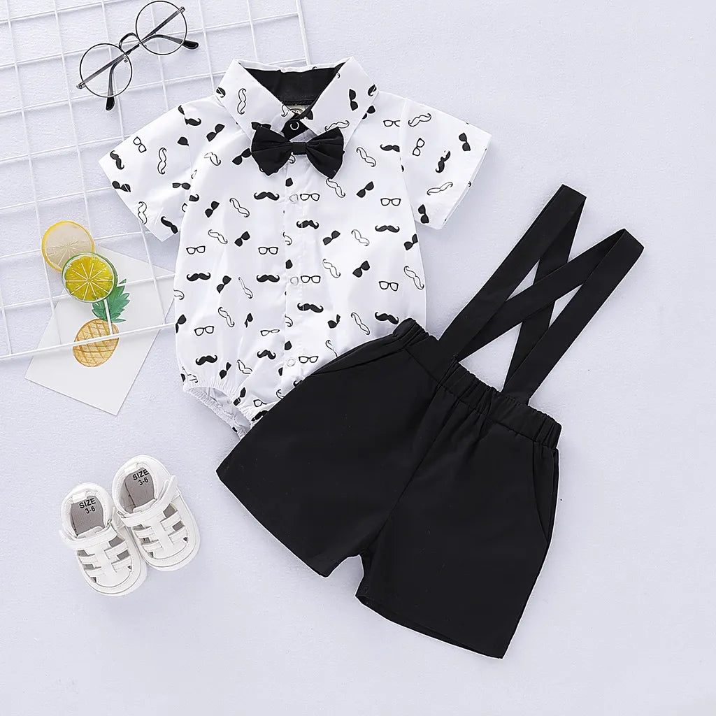 2pcs Short Sleeve Baby Boys Bowtie + Suspender Pants