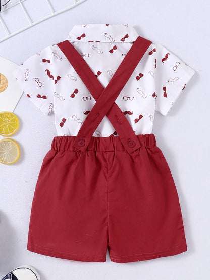 2pcs Short Sleeve Baby Boys Bowtie + Suspender Pants