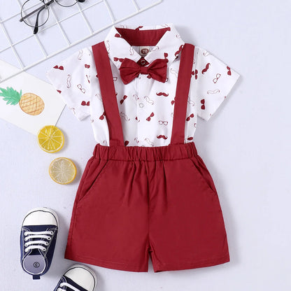 2pcs Short Sleeve Baby Boys Bowtie + Suspender Pants