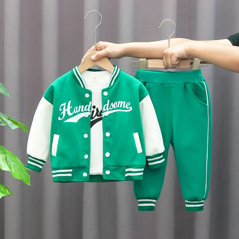 2pcs Boy's "Handsome" "CoolBoy" Print Varsity Jacket Outfit