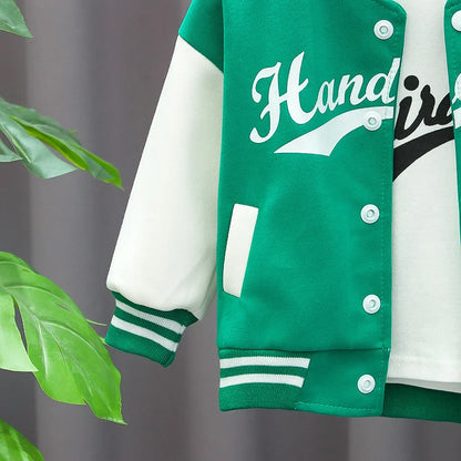 2pcs Boy's "Handsome" "CoolBoy" Print Varsity Jacket Outfit