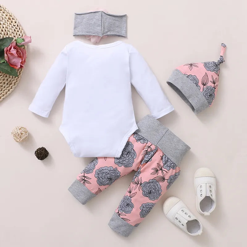 4 pcs. Newborn Baby Girl Clothing Long Sleeve Romper Rose Pant with Hat